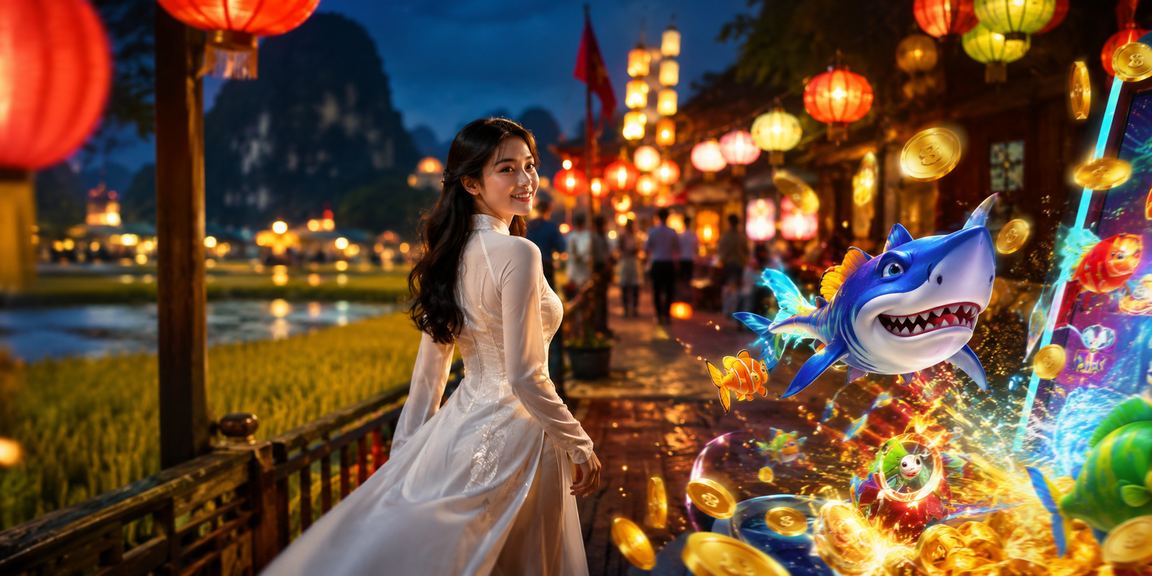 Người dùng chơi bắn cá trực tuyến trên điện thoại giữa khung cảnh thiên nhiên Ninh Bình